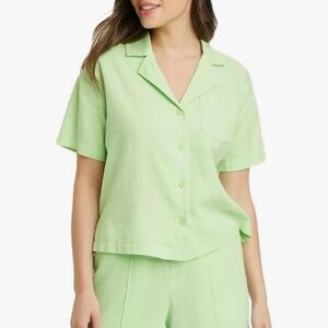 A New Day Linen Blend Short Sleeve Button Camp Shirt Womens XXL Green Boho Retro